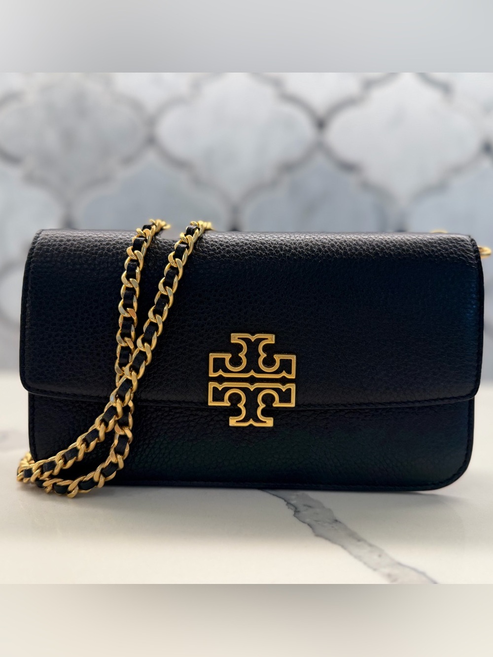 Tory Burch Black Leather Crossbody with Gold Chain and Logo
